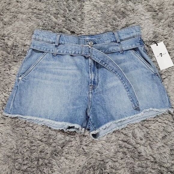 7 For All Mankind Half-Belted Denim Paperbag Shorts Size 30 - Picture 3 of 7